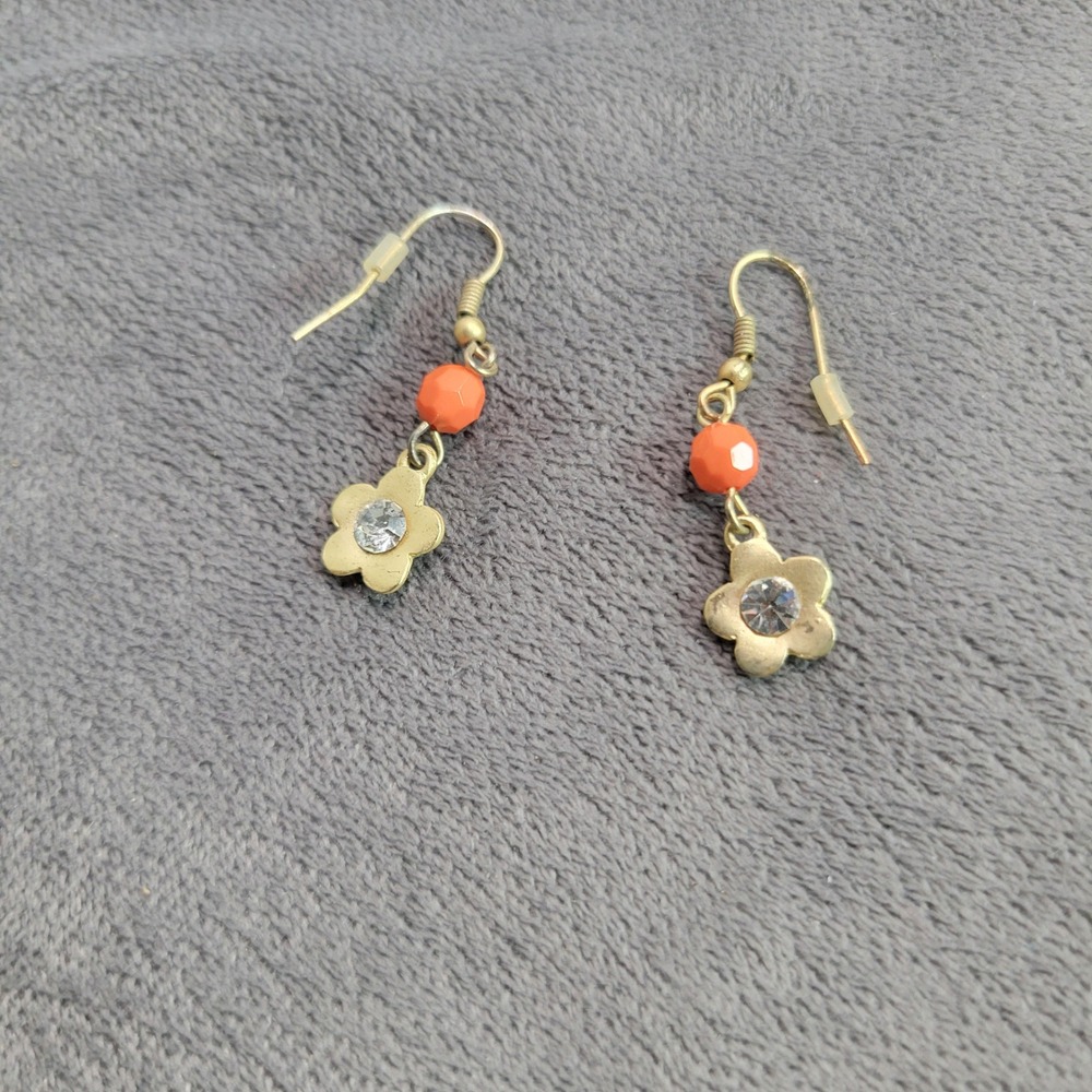Gold Tone Orange Bead Flower Rhinestone Drop Dangle Earrings Floral Fishhook